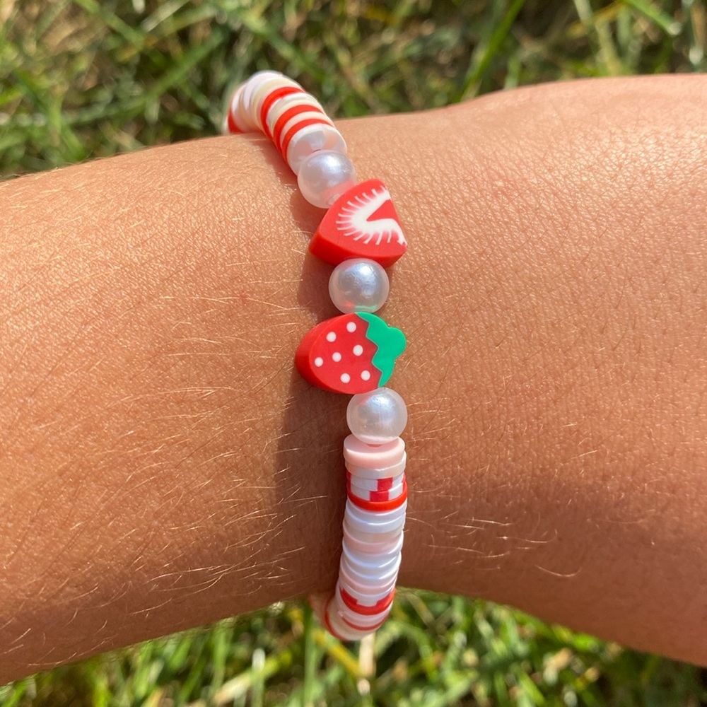A handmade clay bead bracelet